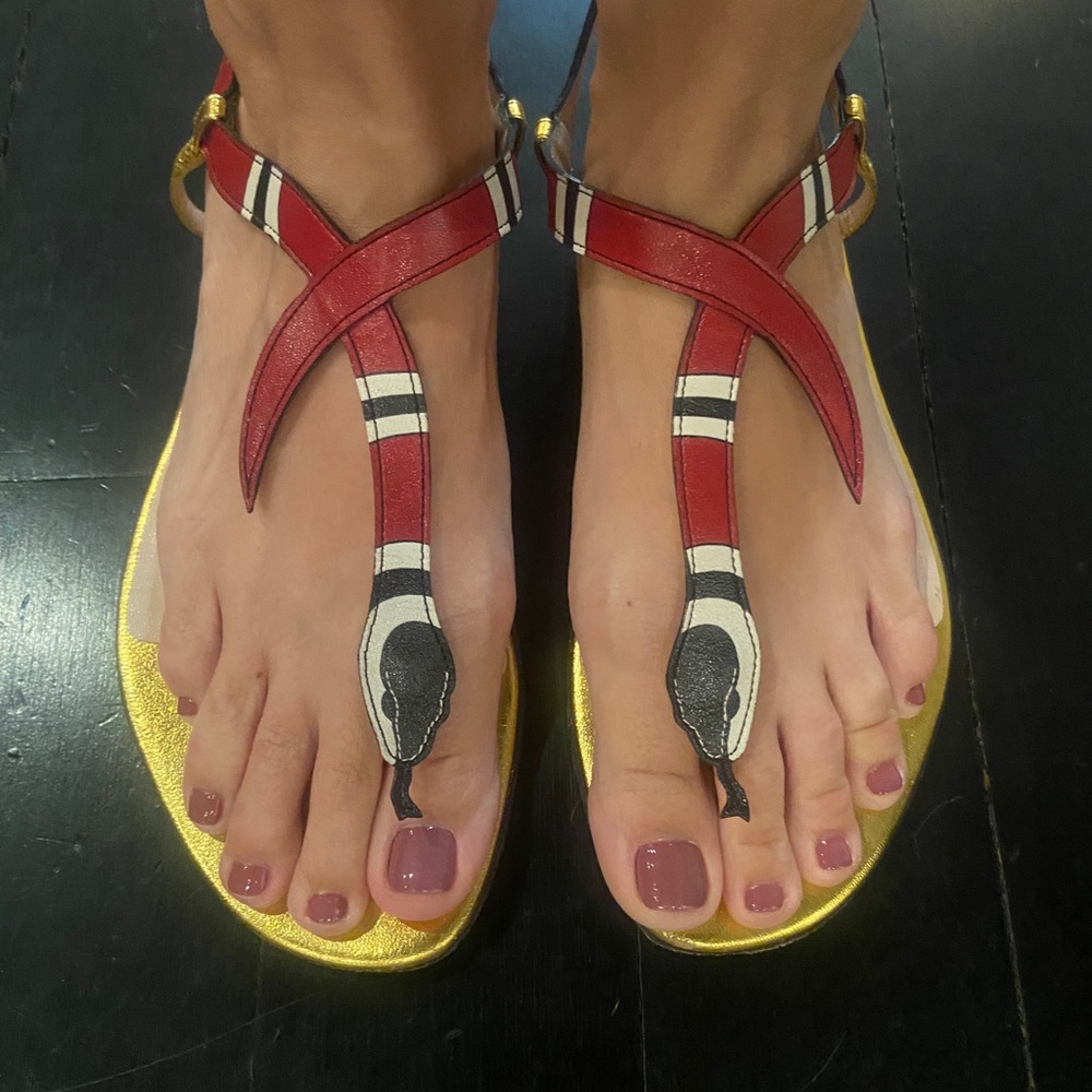 Gucci Red, White & Black Snake Accent Gold Sandals